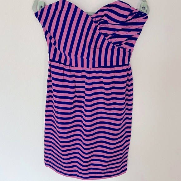 Corey Lynn Calter Anthropologie Pink and Navy Stripe Strapless Dress 8 - Picture 2 of 16